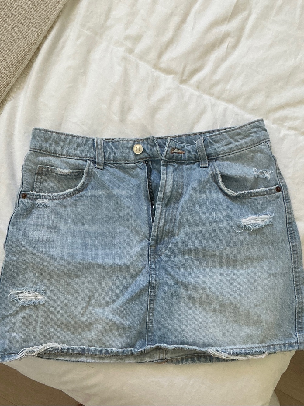 Zara Light Blue Distressed Denim Mini Skirt